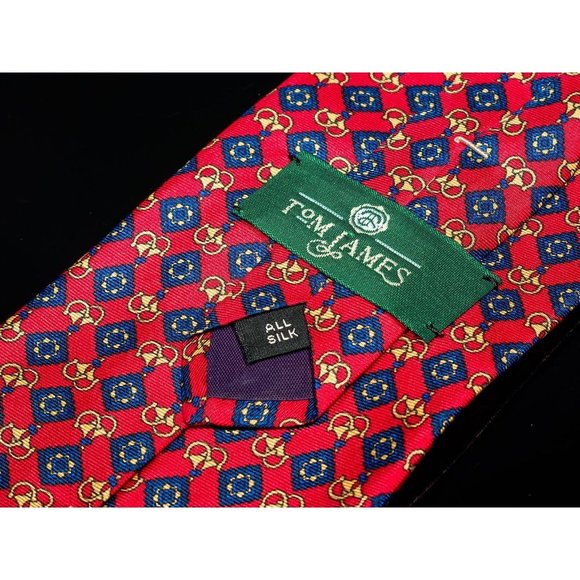 Tom James Red Yellow Geometric 100% Silk Men's Designer Tie - Picture 3 of 5